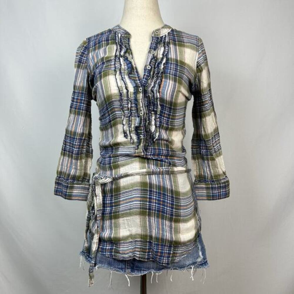 Y2K Hollister Plaid Henley Top XS‎ Womens Ruffles Waist Tie Tunic
